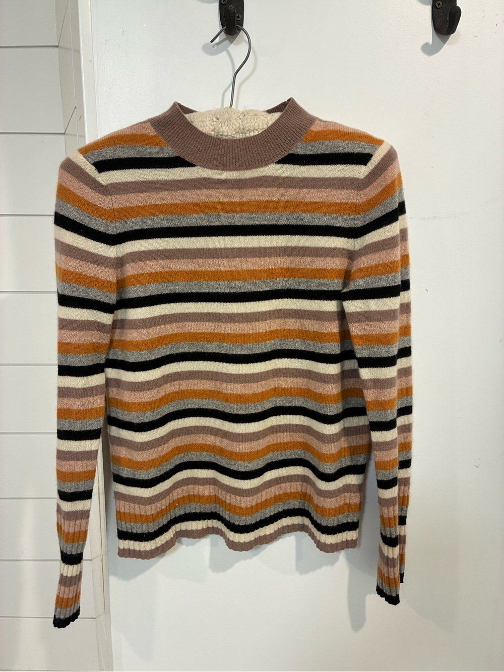 White and Warren cashmere Striped Crewneck Sweater in warm Autumn tones small